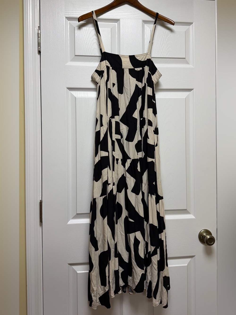 Black and Cream Abstract Maxi Dress with Spaghetti Straps